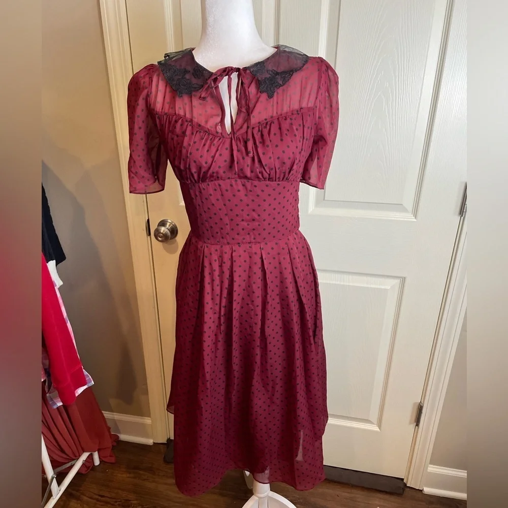 Hell Bunny Vixen retro polka dot Burgundy Dress small - Picture 2 of 12